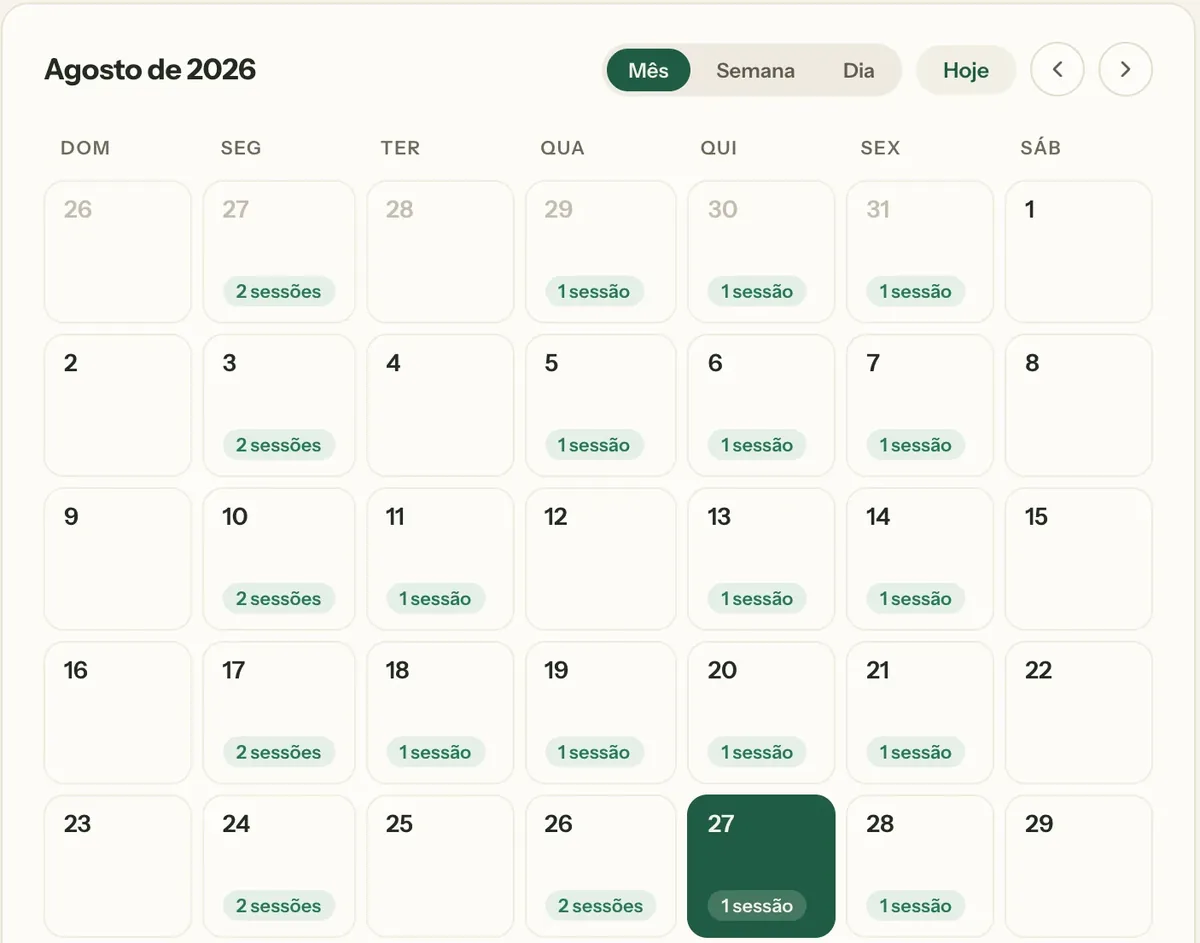 Agenda real do PsiAgenda: o mês de agosto com as sessões marcadas dia a dia