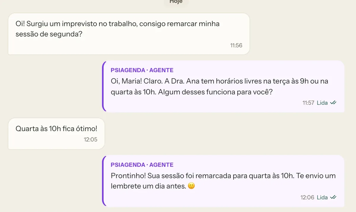 Conversa real no PsiAgenda: o agente oferece dois horários e remarca a sessão da paciente pelo WhatsApp