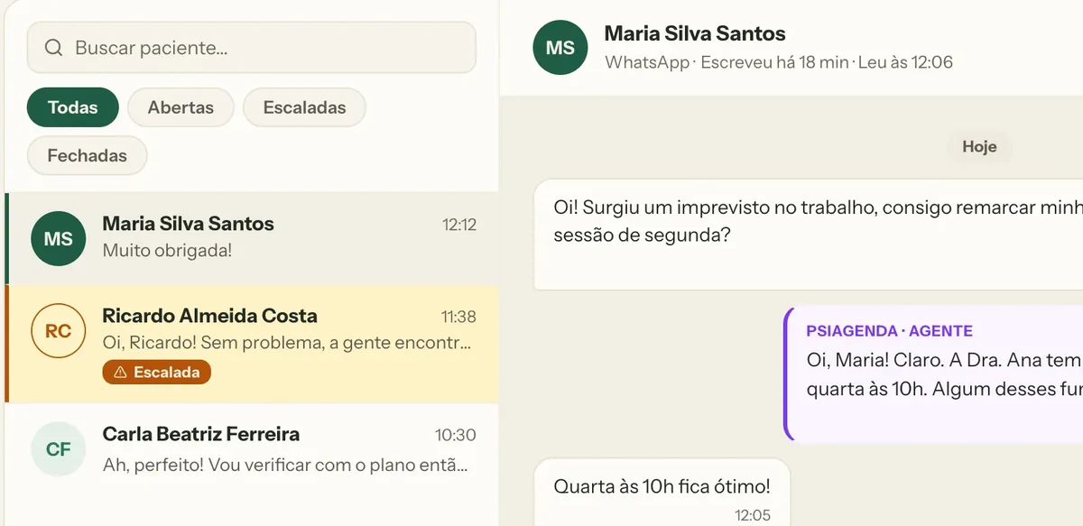 Lista real de conversas no PsiAgenda, com uma delas marcada como escalada para a psicóloga